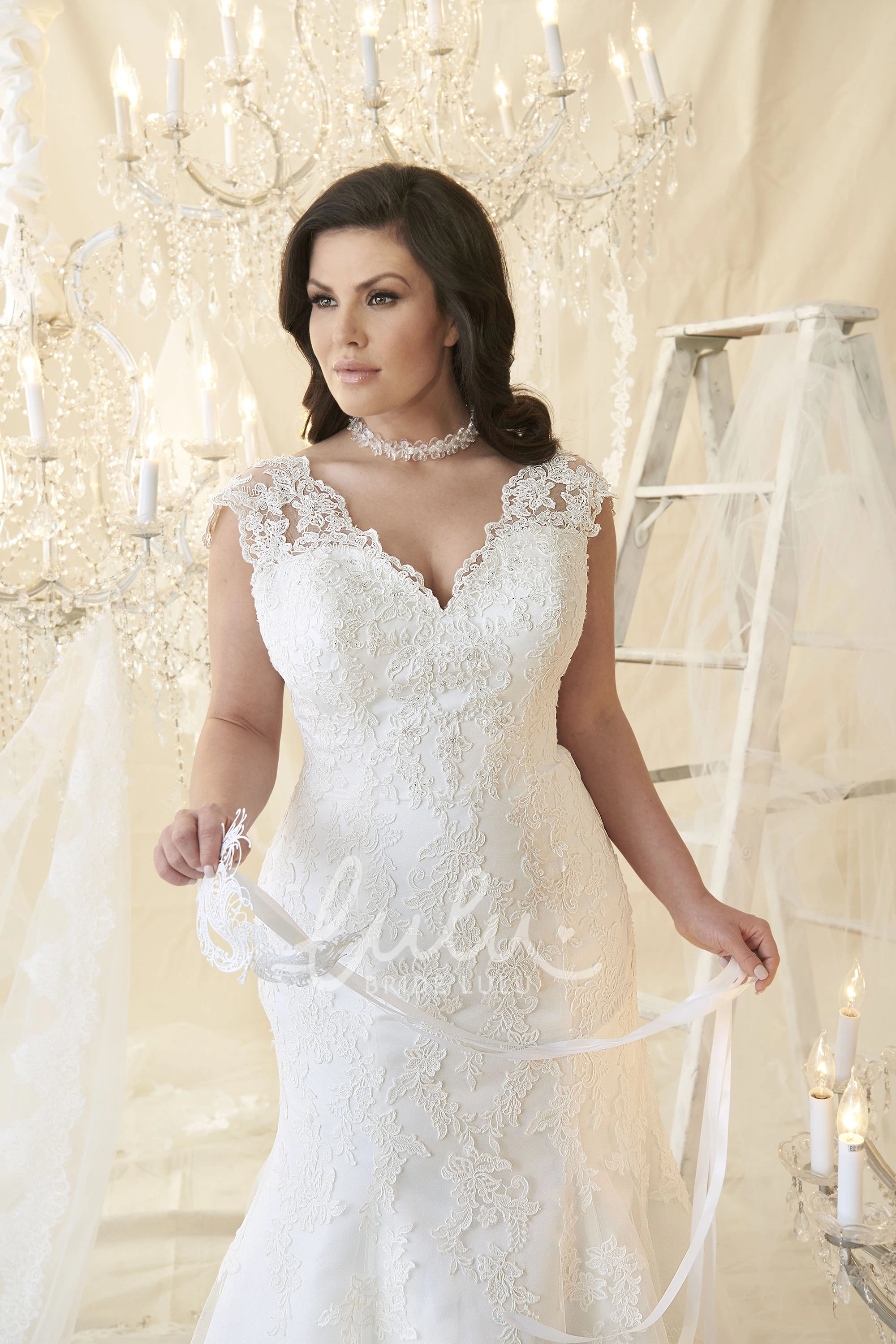 Lace Cap-Sleeve Mermaid Plus Size Wedding Dress with Lace Up V-Neck
