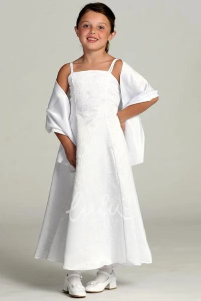 Ankle-Length Beaded Sequin Flower Girl Dress with Floral Satin Straps