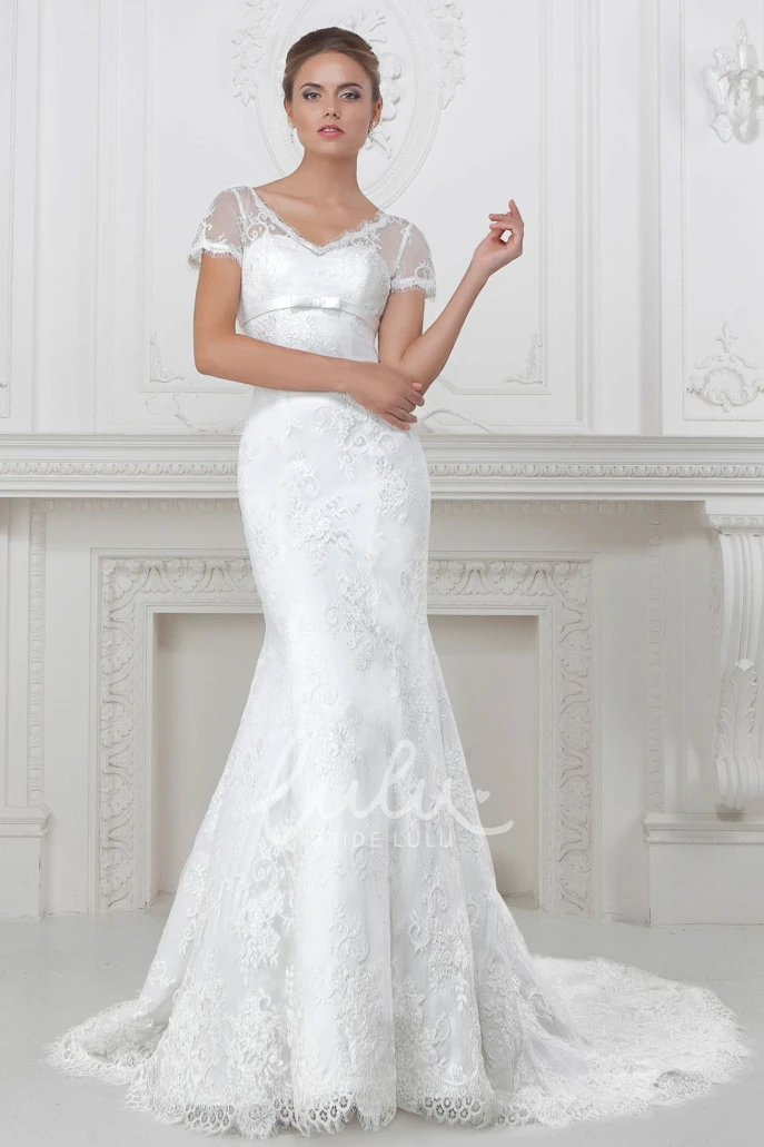 V-Neck Lace and Satin Trumpet Wedding Dress with Waist Jewelry