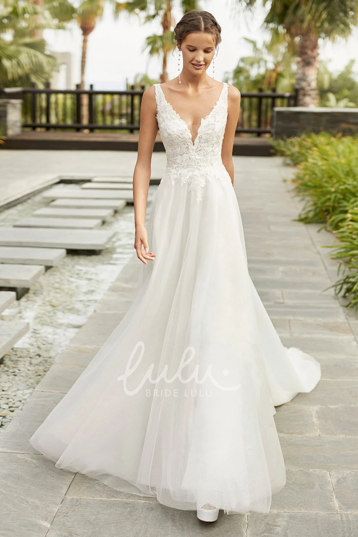 Lace Tulle Plunging Neckline A-line Wedding Dress with Cathedral Train