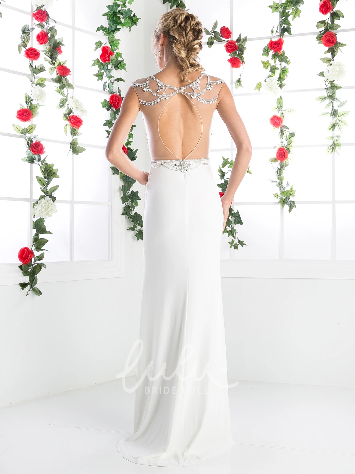 Jersey Cap-Sleeve Sheath Formal Dress with Keyhole and Beading