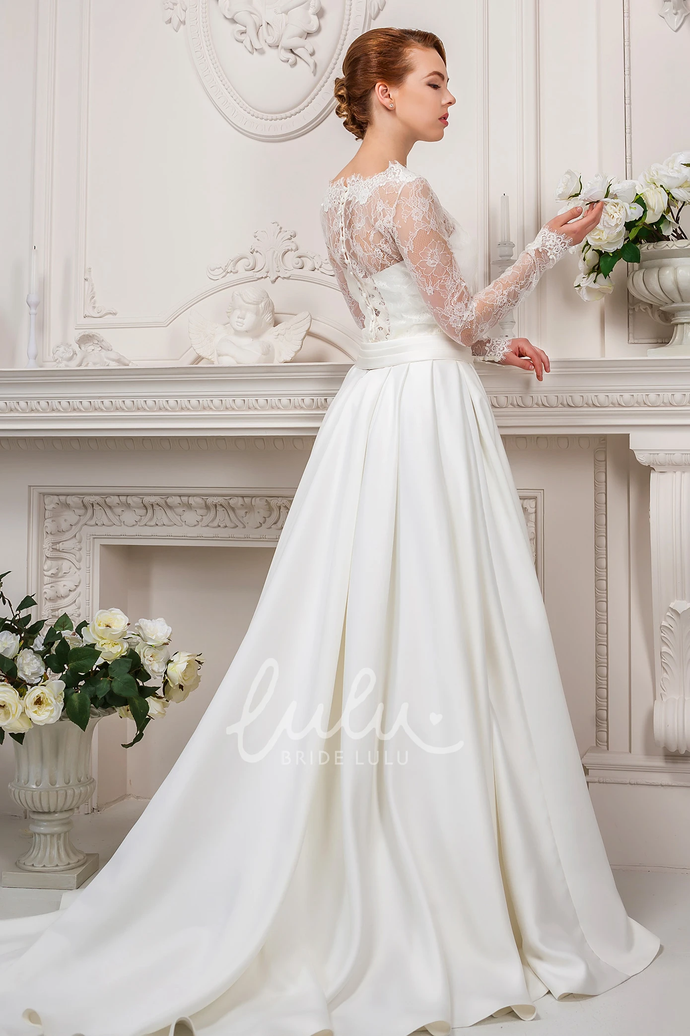 Satin&Lace Long-Sleeve Wedding Dress A-Line High Neck