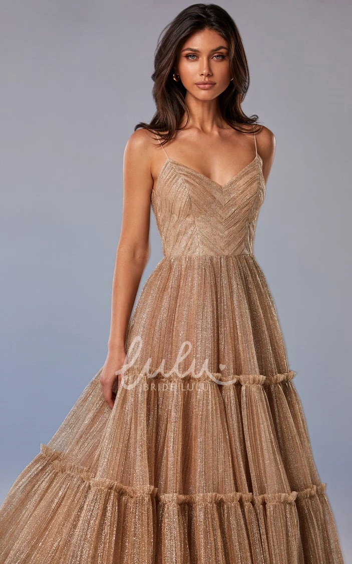 Spaghetti Neck A Line Tulle Tea-length Formal Dress without Sleeves