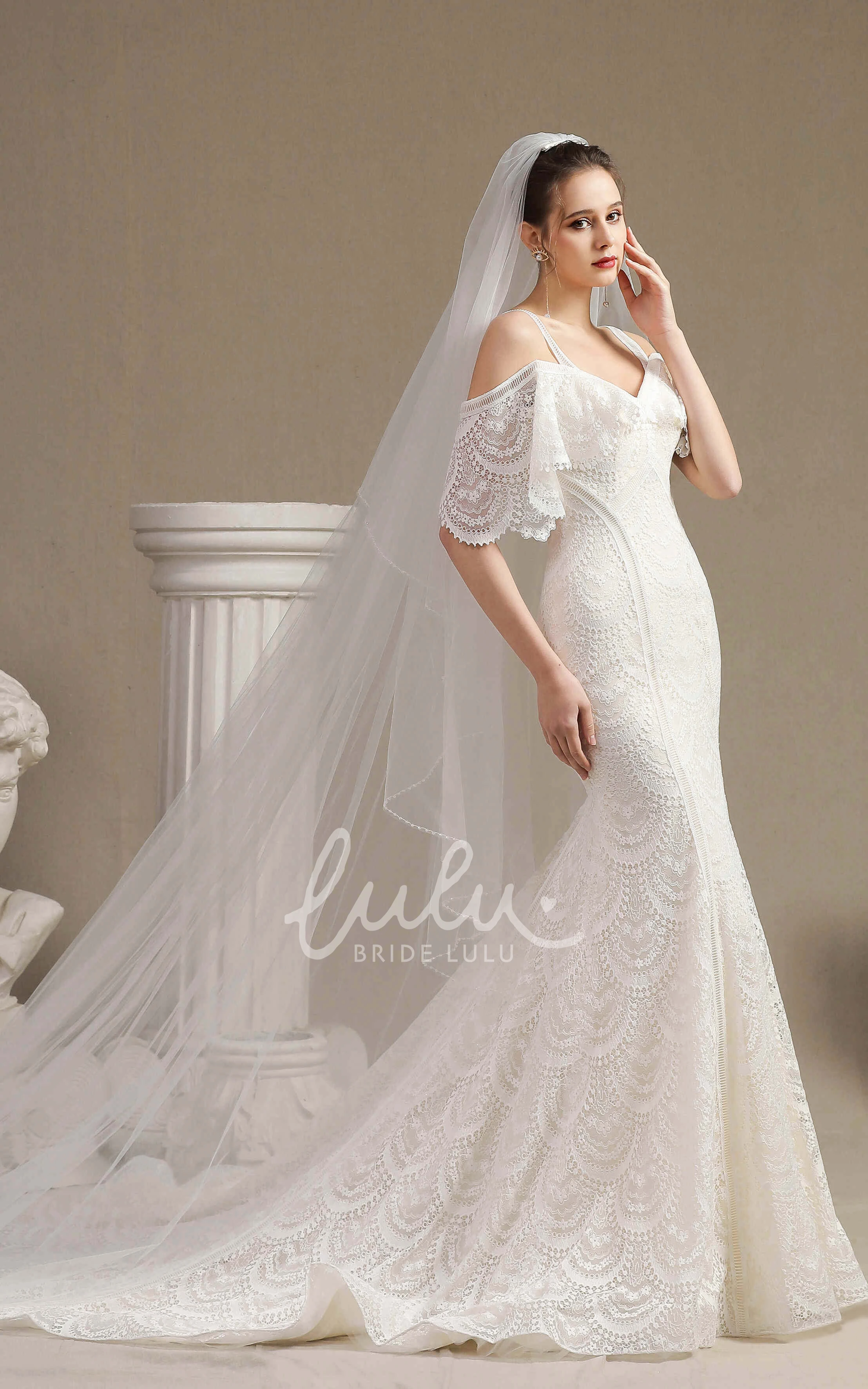 Cute Off-the-shoulder Lace Mermaid Wedding Dress with Straps and Half Sleeves