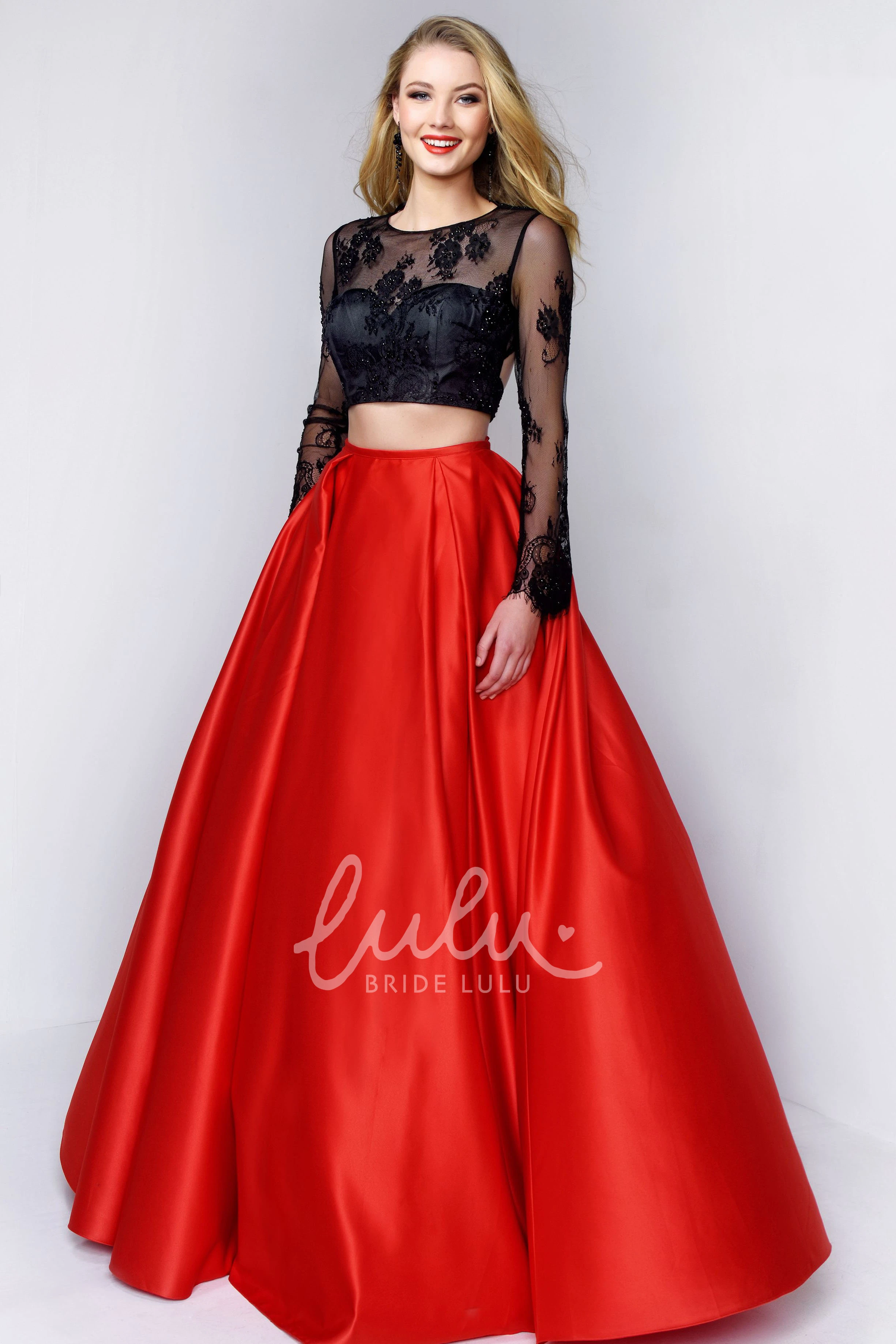 Lace Applique A-Line Satin Formal Dress with Long Sleeves