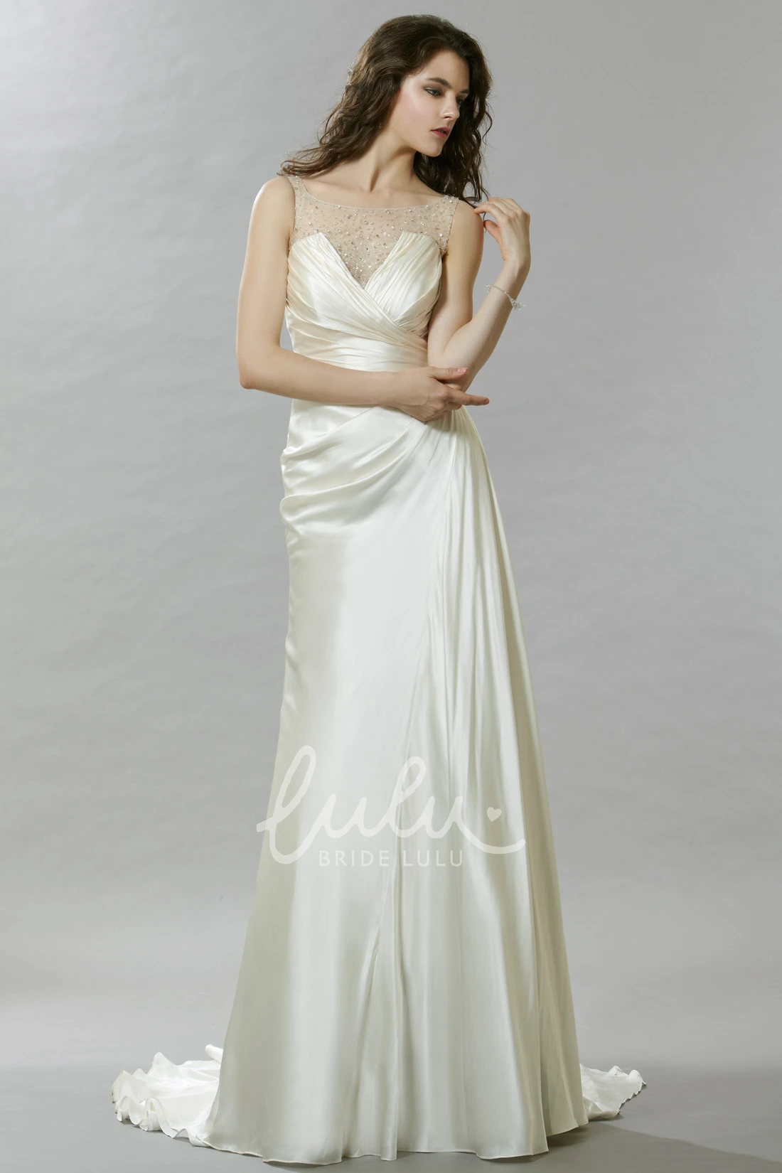 Beaded Sleeveless Satin Wedding Dress Sheath Maxi Unique