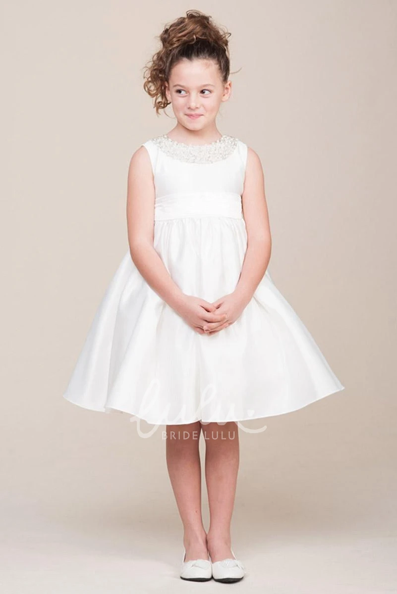 Jewel Tea-Length Satin Flower Girl Dress with Pleats and Sash