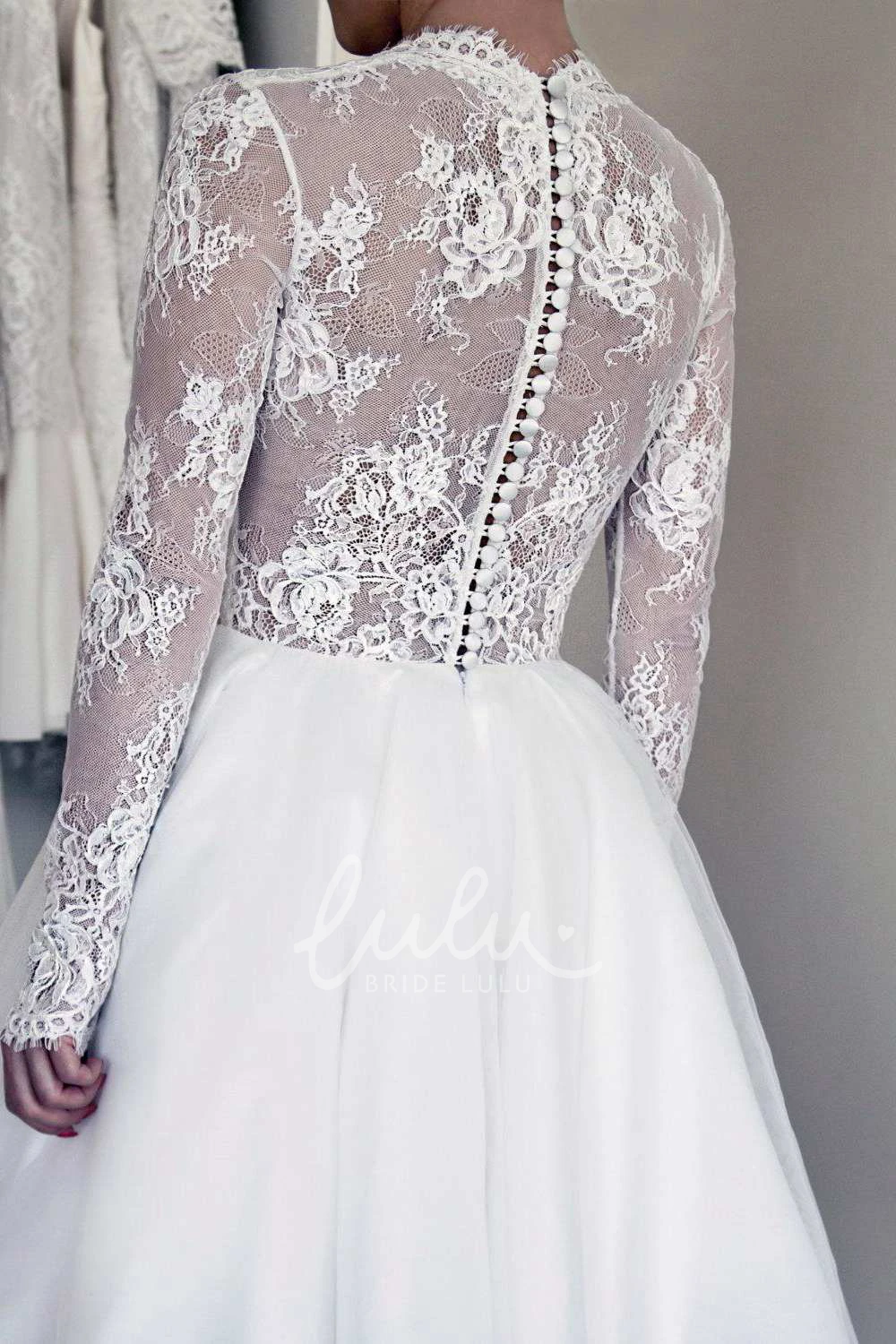 Tulle Satin Lace Ball Gown Wedding Dress with Illusion Sleeves