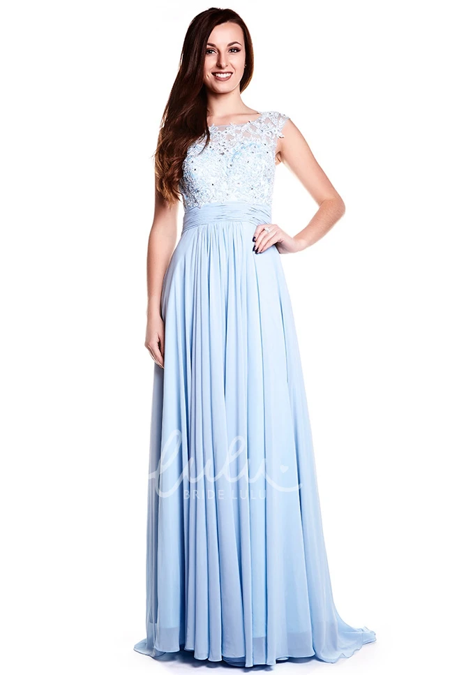 Appliqued Chiffon Cap Sleeve Prom Dress with Illusion Back Classy Prom Dress