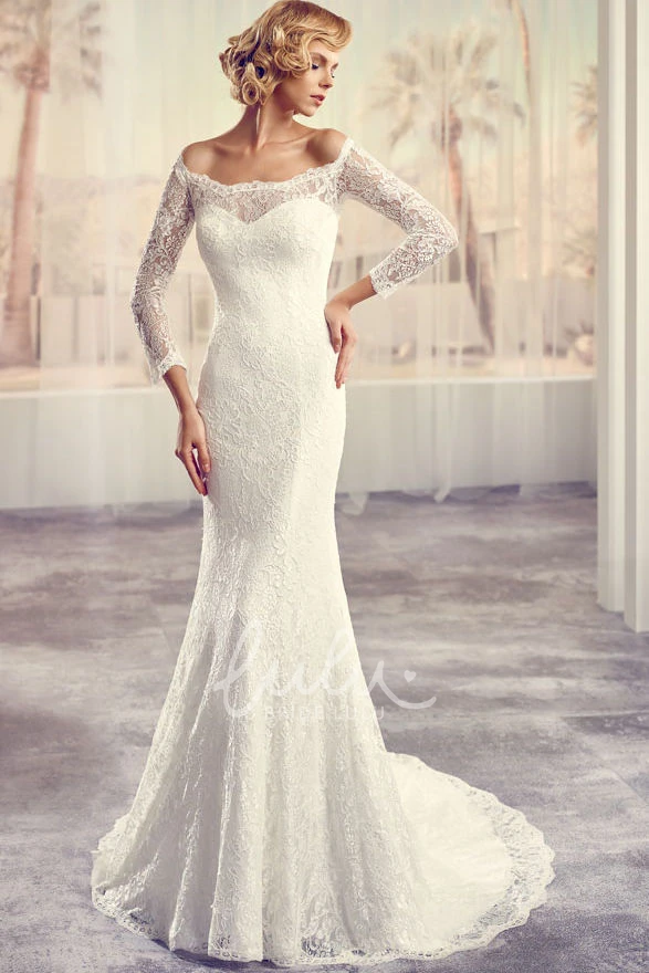 Off-The-Shoulder Long-Sleeve Lace Wedding Dress with Court Train Modern Bridal Gown