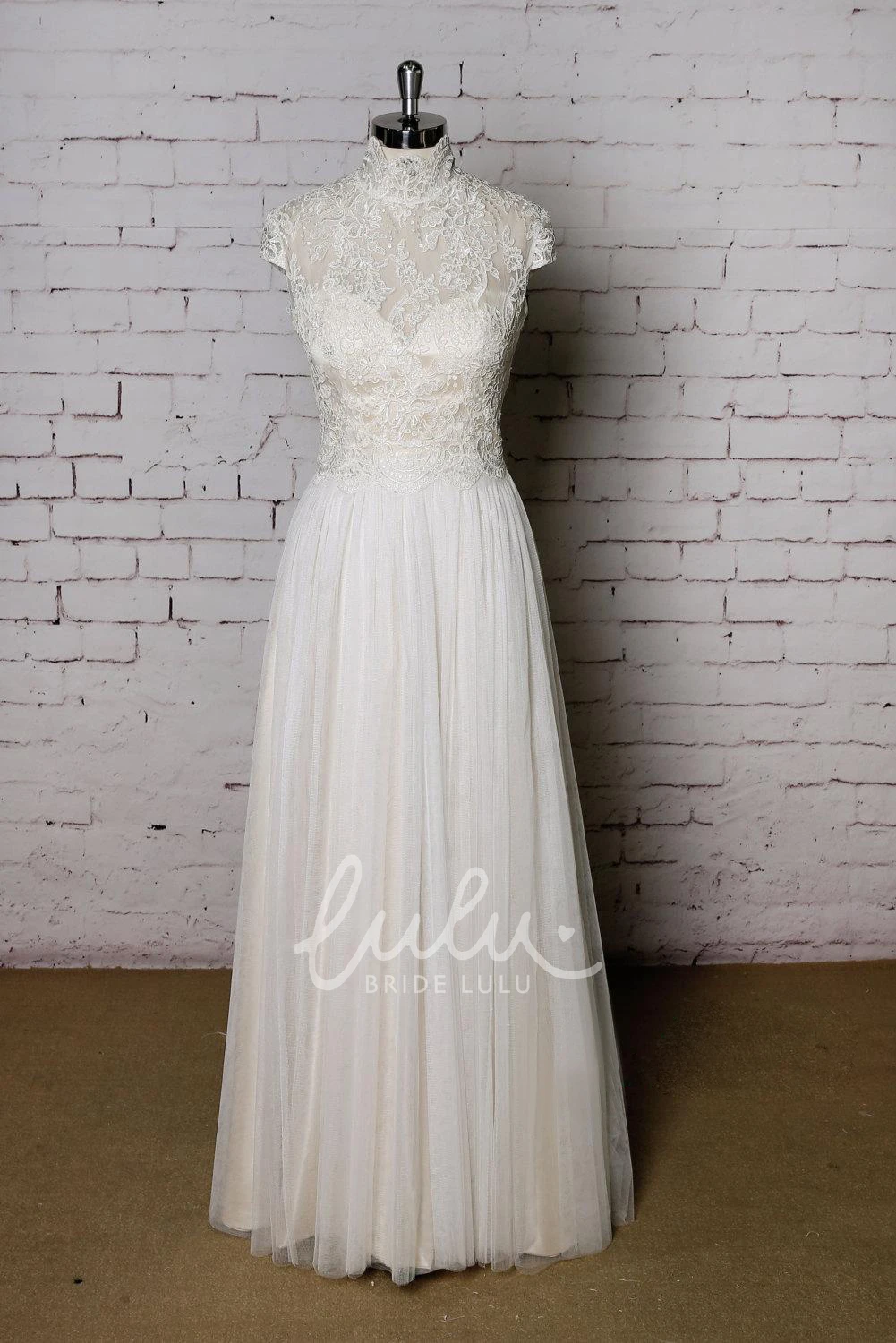 High Collor Tulle Skirt Lace Top Wedding Dress With Champagne Underlay