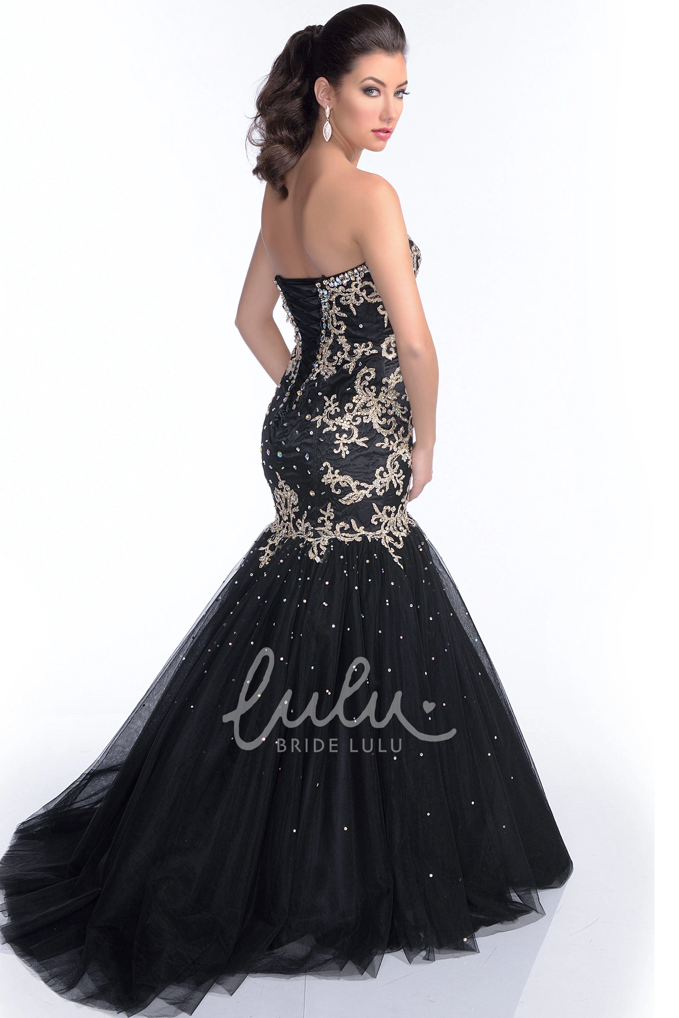 Rhinestone Applique Tulle Prom Dress with Mermaid Silhouette and Sweetheart Neckline