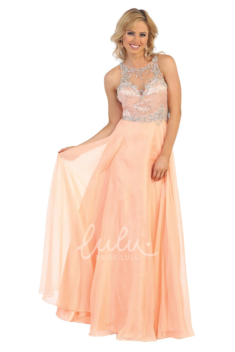 Sleeveless Illusion Bridesmaid Dress with Scoop-Neck Sequins and Beading