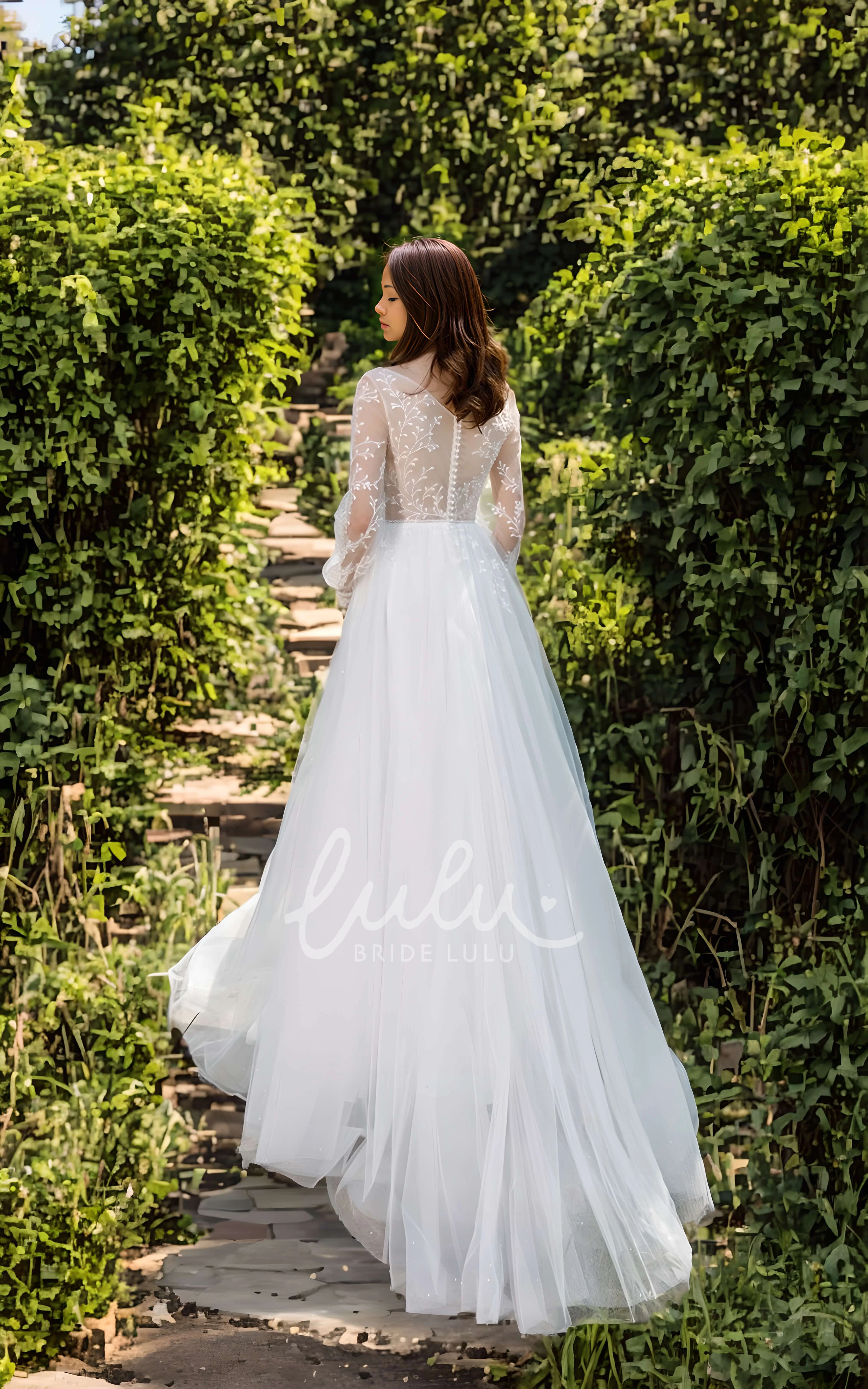 Modest A-line Lace Wedding Dress Elegant Long Sleeve Bateau Plunge Train Gown