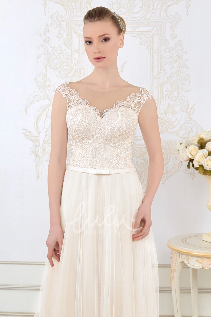 Cap-Sleeve Appliqued Tulle Sheath Wedding Dress V-Neck Floor-Length