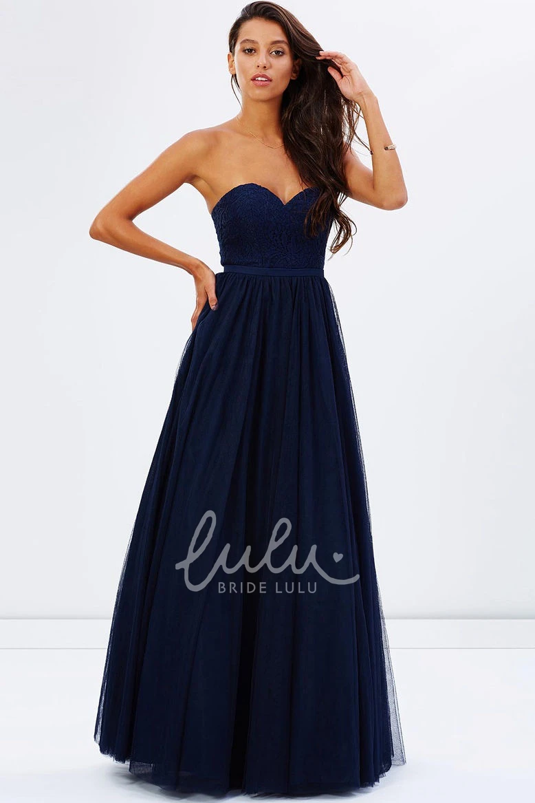 Pleated Ribbon A-Line Sleeveless Lace Sweetheart Tulle Bridesmaid Dress