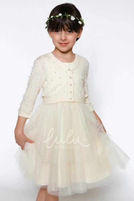 Long Sleeve Tulle Flower Girl Dress with Pleats A-Line Scoop Neck Jacket