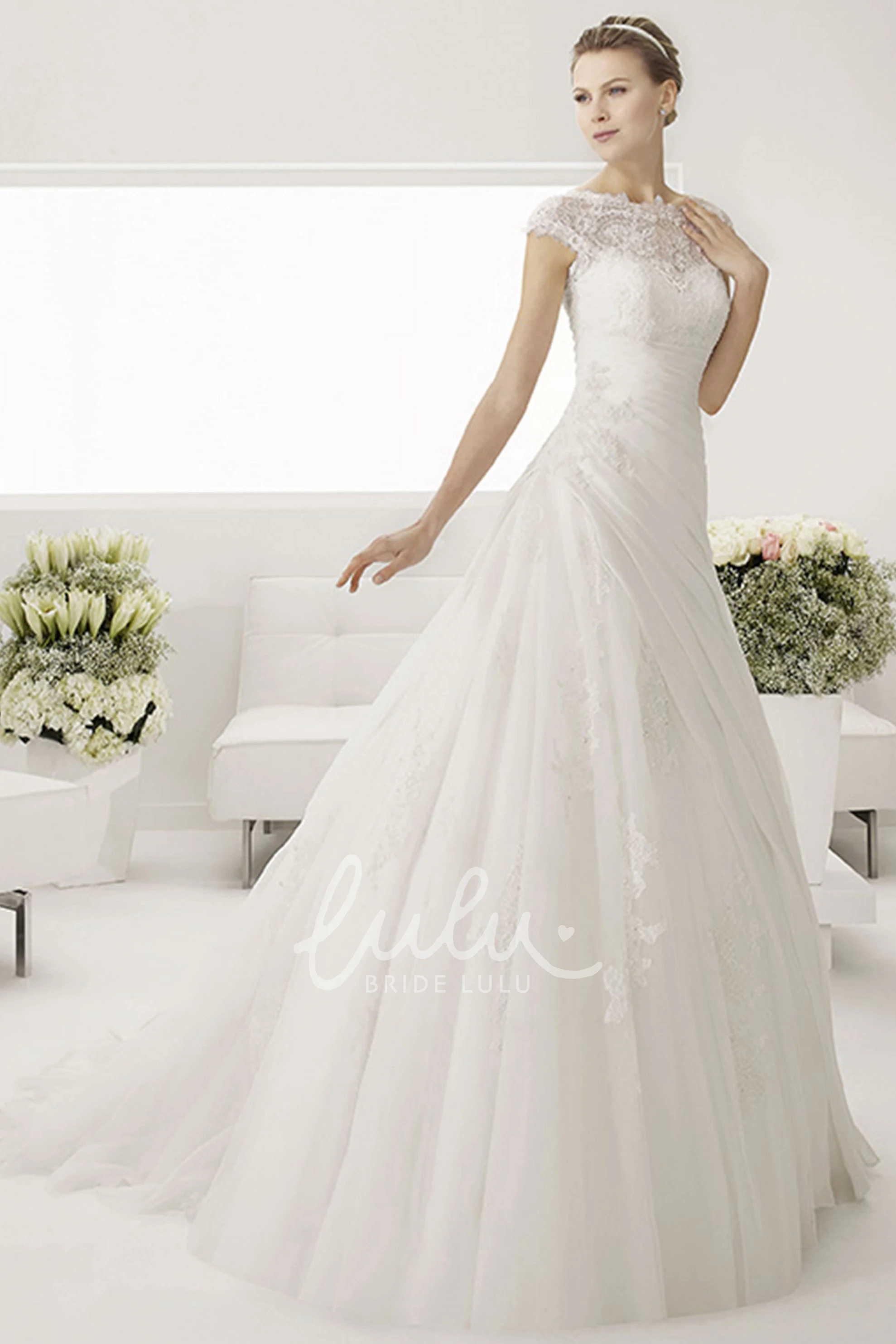 Cap Sleeve Lace Bridal Gown with Bateau Neckline and V-Back