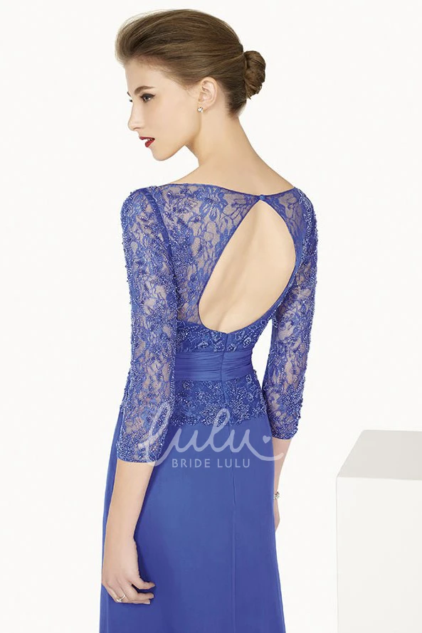 Lace Top Bateau Sleeve Long Prom Dress with Back Keyhole