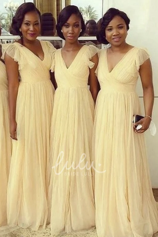 V-neck Cap-sleeve Long Bridesmaid Dress