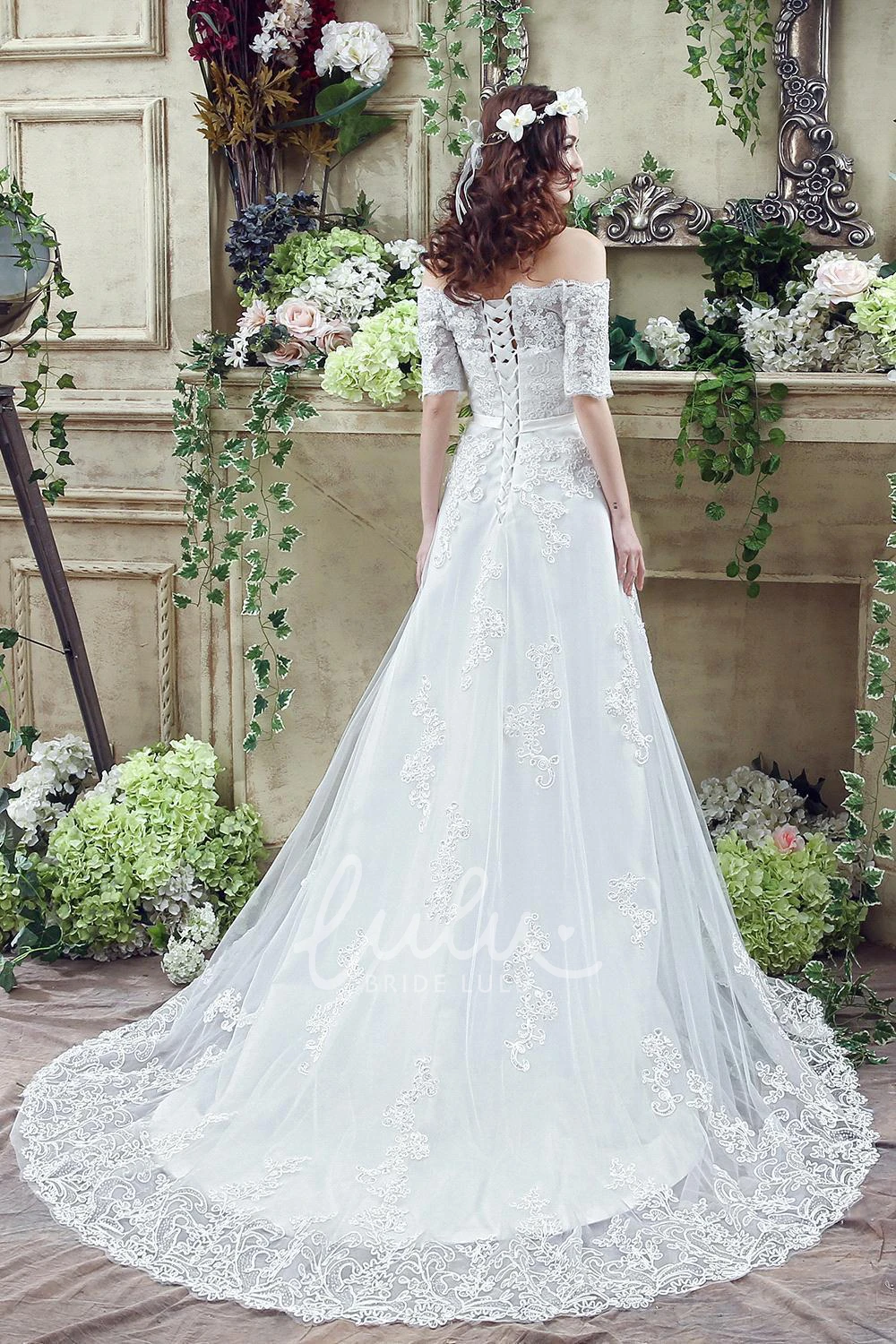 Off-Shoulder Lace Applique Warm Wedding Dress with Bowknot and Lace-Up