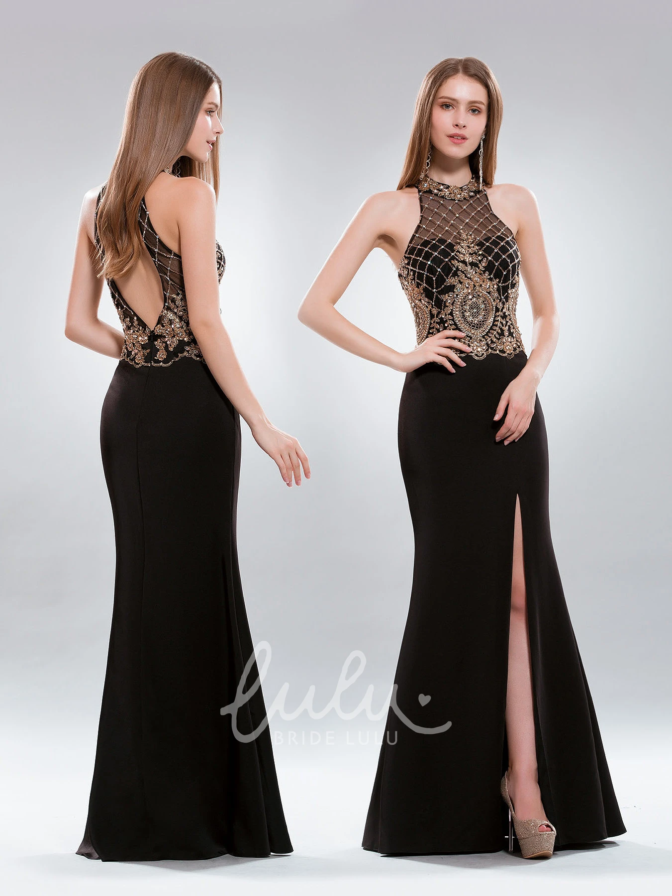 Mermaid Jersey Beaded Dress with High Neck and Split Front