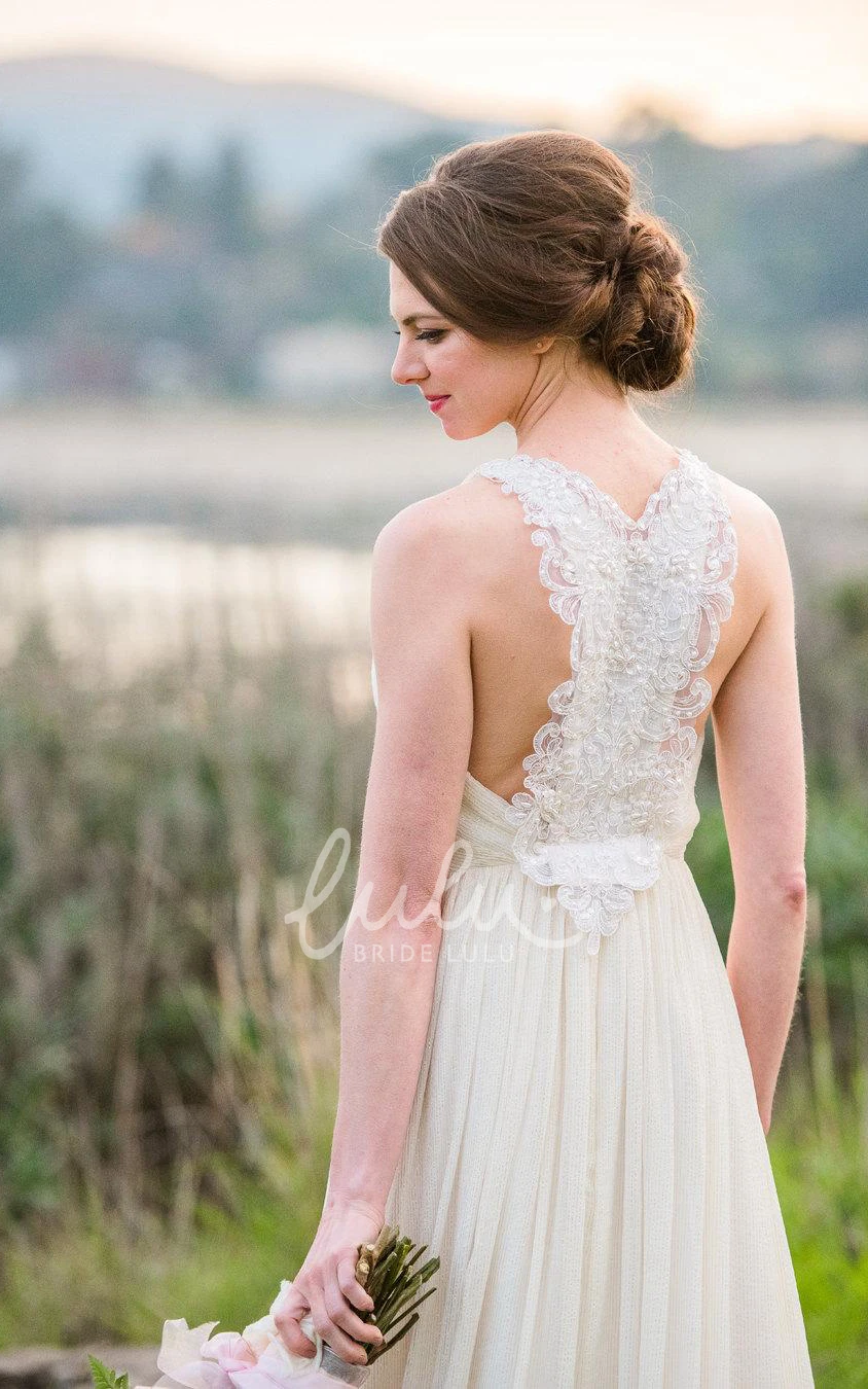 Boho Sleeveless Long Chiffon Dress with Cowl Neck and Pleats for Beach Wedding