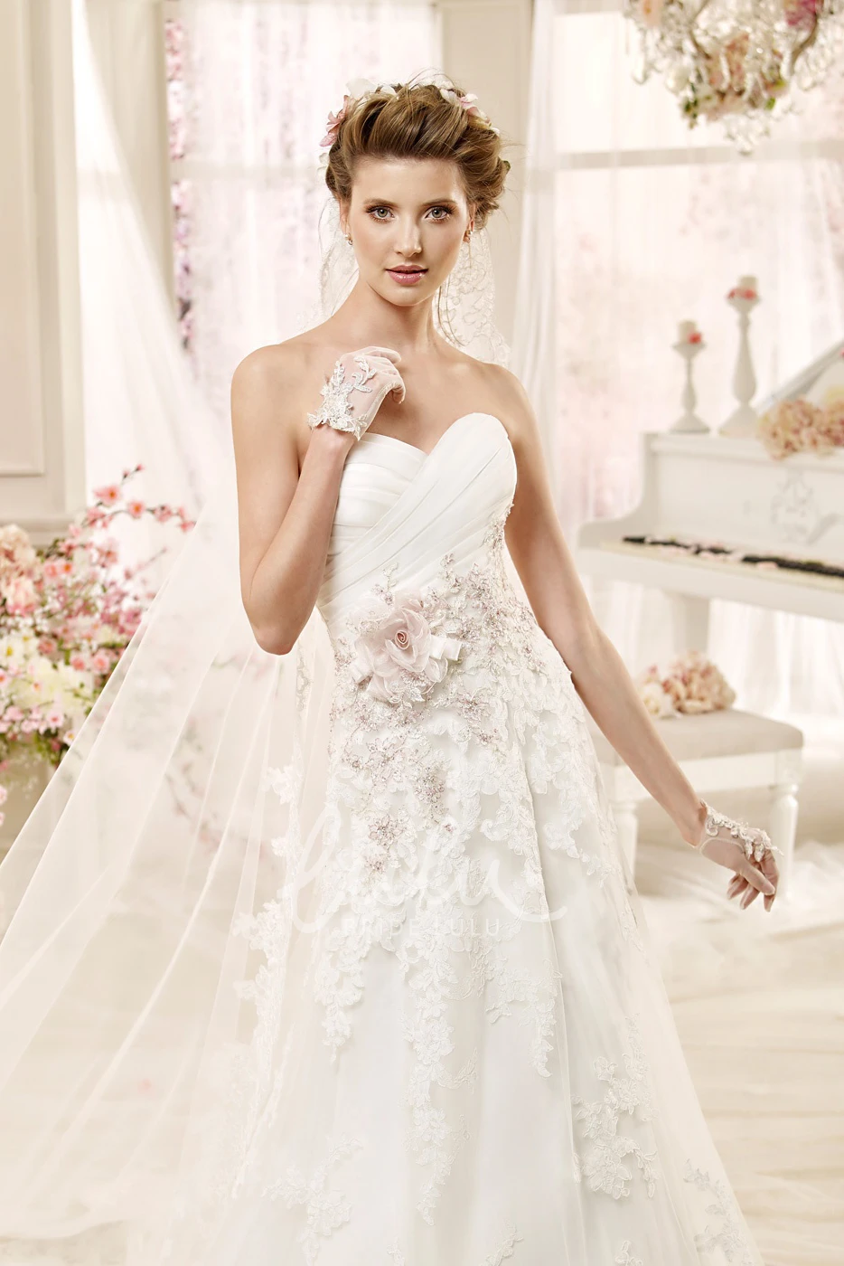 Sweetheart A-line Wedding Dress with Beaded Appliques & Pleated Bodice Unique Beaded A-line Wedding Dress