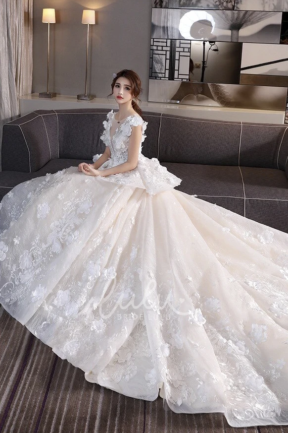 Princess Cap Sleeve Lace Wedding Dress with 3D Floral Appliques and Peplum Skirt