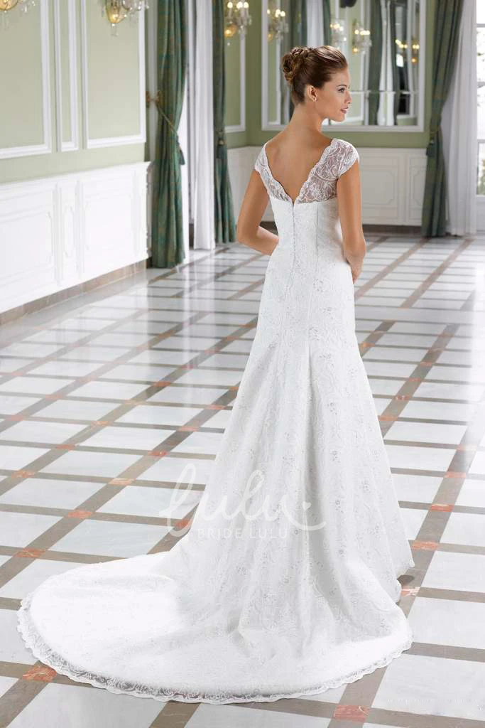 Jeweled V-Neck Lace Winter Wedding Dress with Cap Sleeves and Court Train A-Line