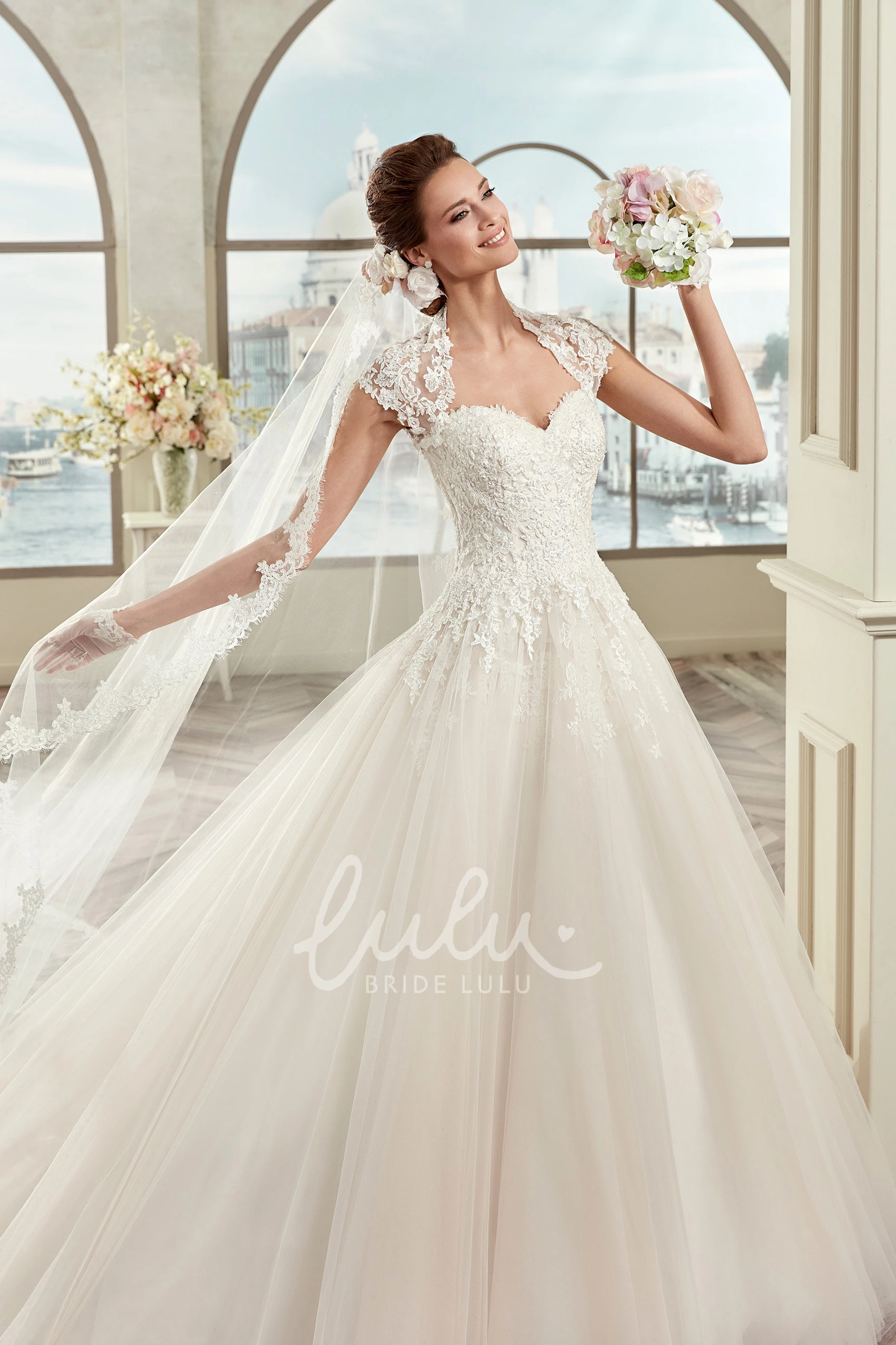 Queen Anne Neckline Lace Bodice A-line Wedding Dress