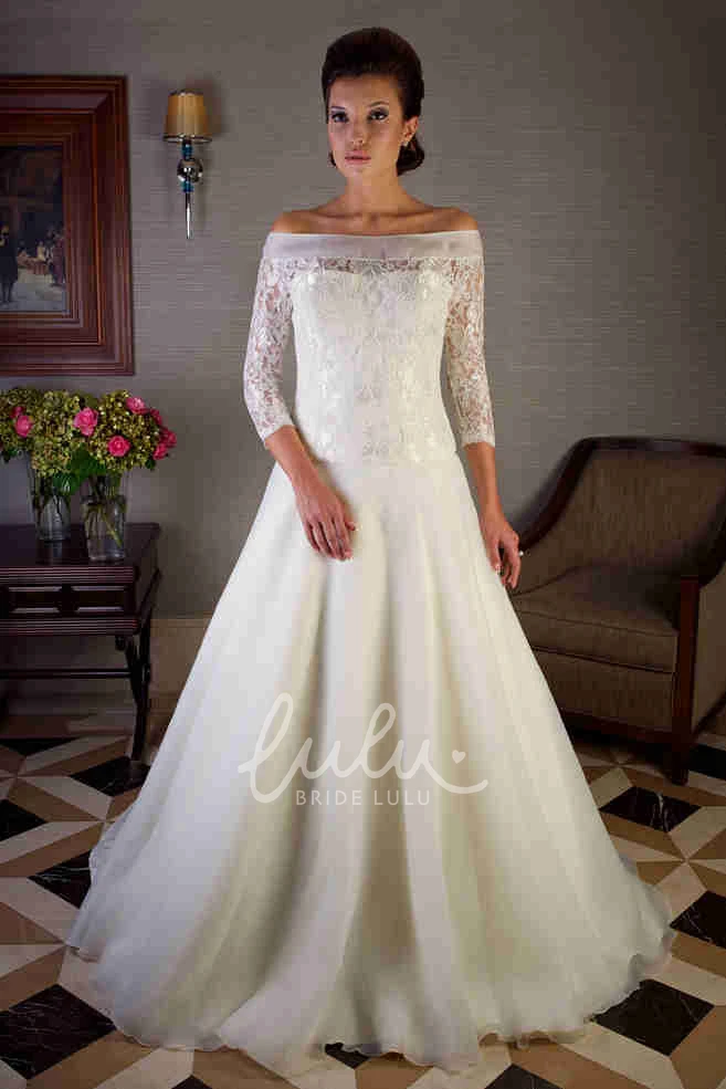 Off-The-Shoulder Organza Wedding Dress with Appliques and Illusion Sleeves