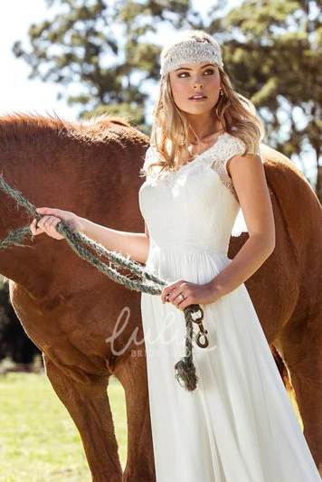 Chiffon Sheath Wedding Dress with Appliques V-Neck and Cap-Sleeves Long Length