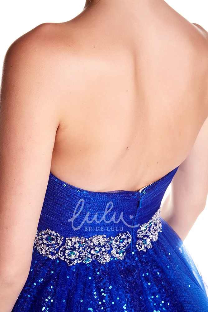 A-Line Sweetheart Sequin and Tulle Prom Dress Sleeveless Short with Beading Ruffles and Waist Jewelry