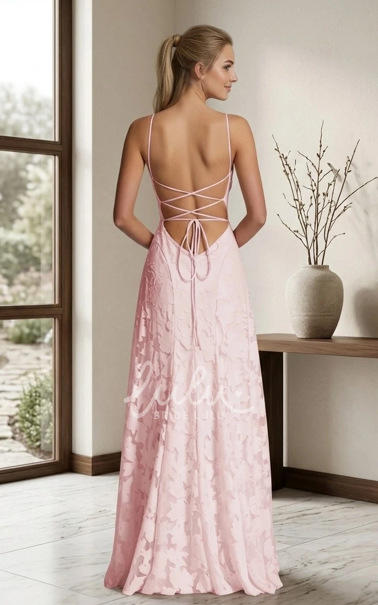 Spaghetti Strap Bridesmaid Dress Sheath Pink Jacquard Square Neck Low Back Lace Up Gown Minimal Elegant Style