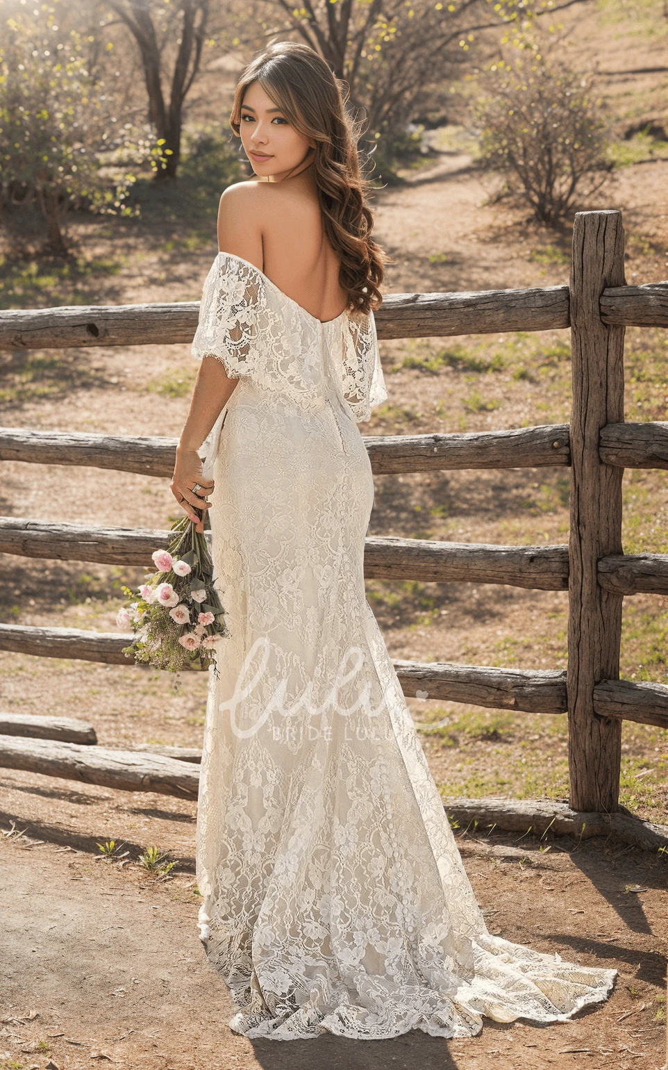 Bohemian Off-the-shoulder Sheath Lace Wedding Dress Draping Short Sleeve Open Back Bridal Gown with Train