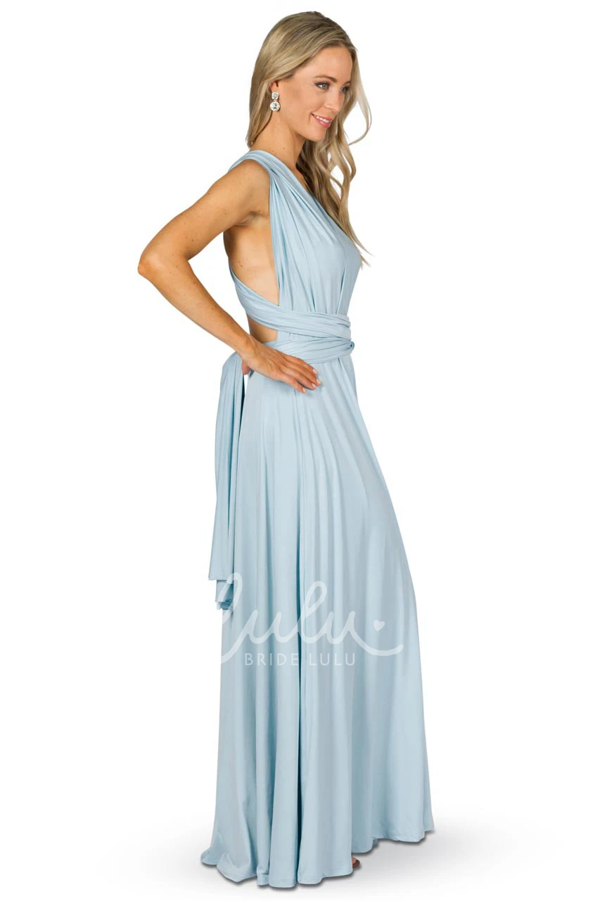 Sleeveless V-Neck Chiffon Bridesmaid Dress with Ribbon and Straps Elegant Convertible Style