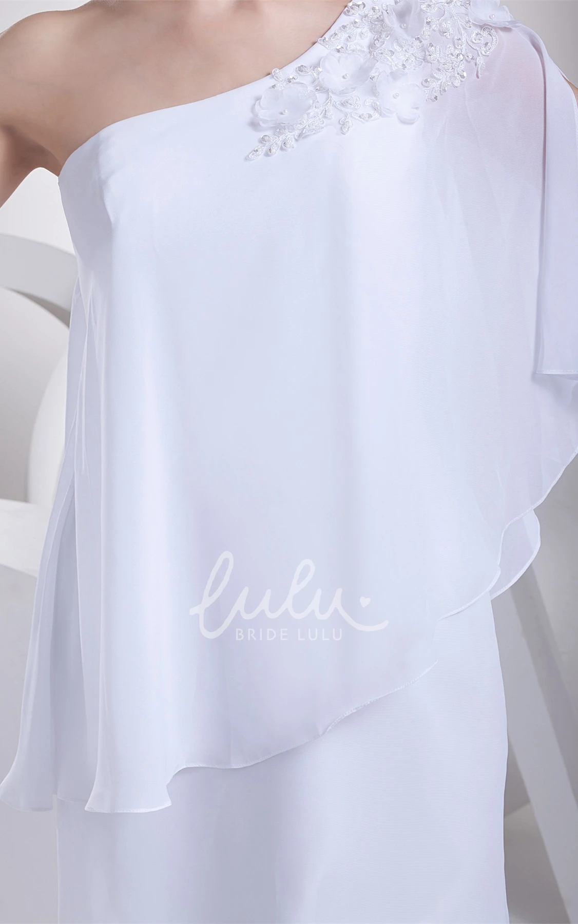 One-Shoulder Chiffon Knee Length Wedding Dress with Beading Simple Beach Bridal Gown