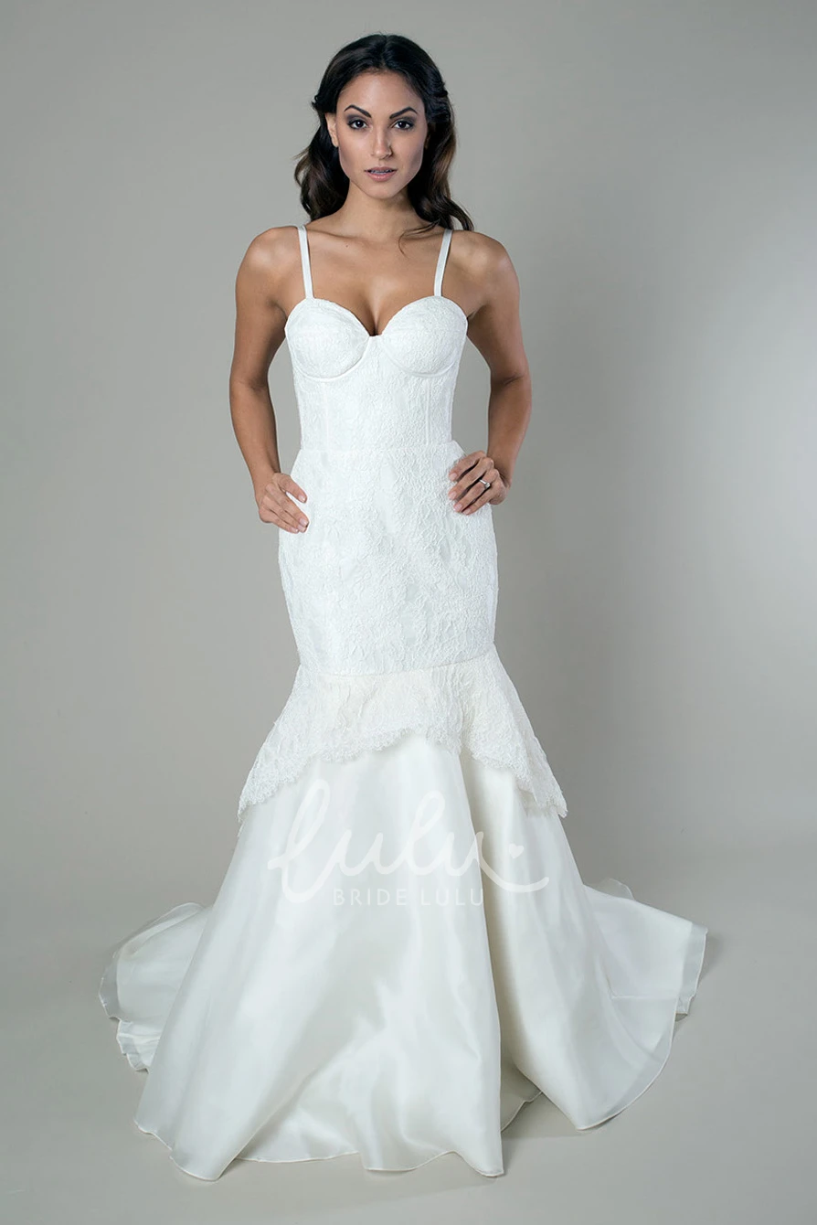 Trumpet Peplum Sleeveless Spaghetti Long Lace&Satin Wedding Dress Trumpet Lace & Satin Sleeveless Wedding Dress