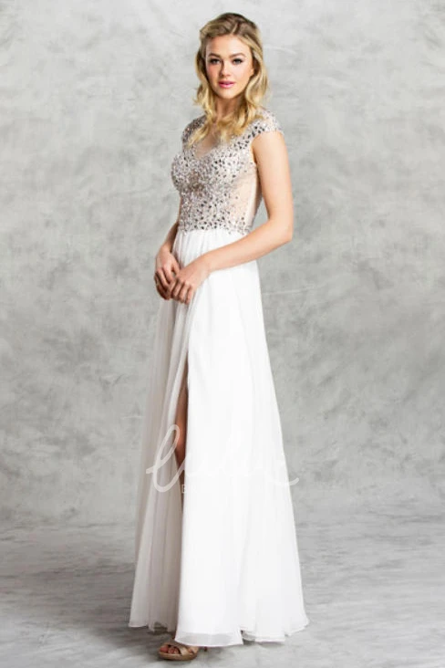 Chiffon Cap-Sleeve Formal Dress with Beading and Split Front