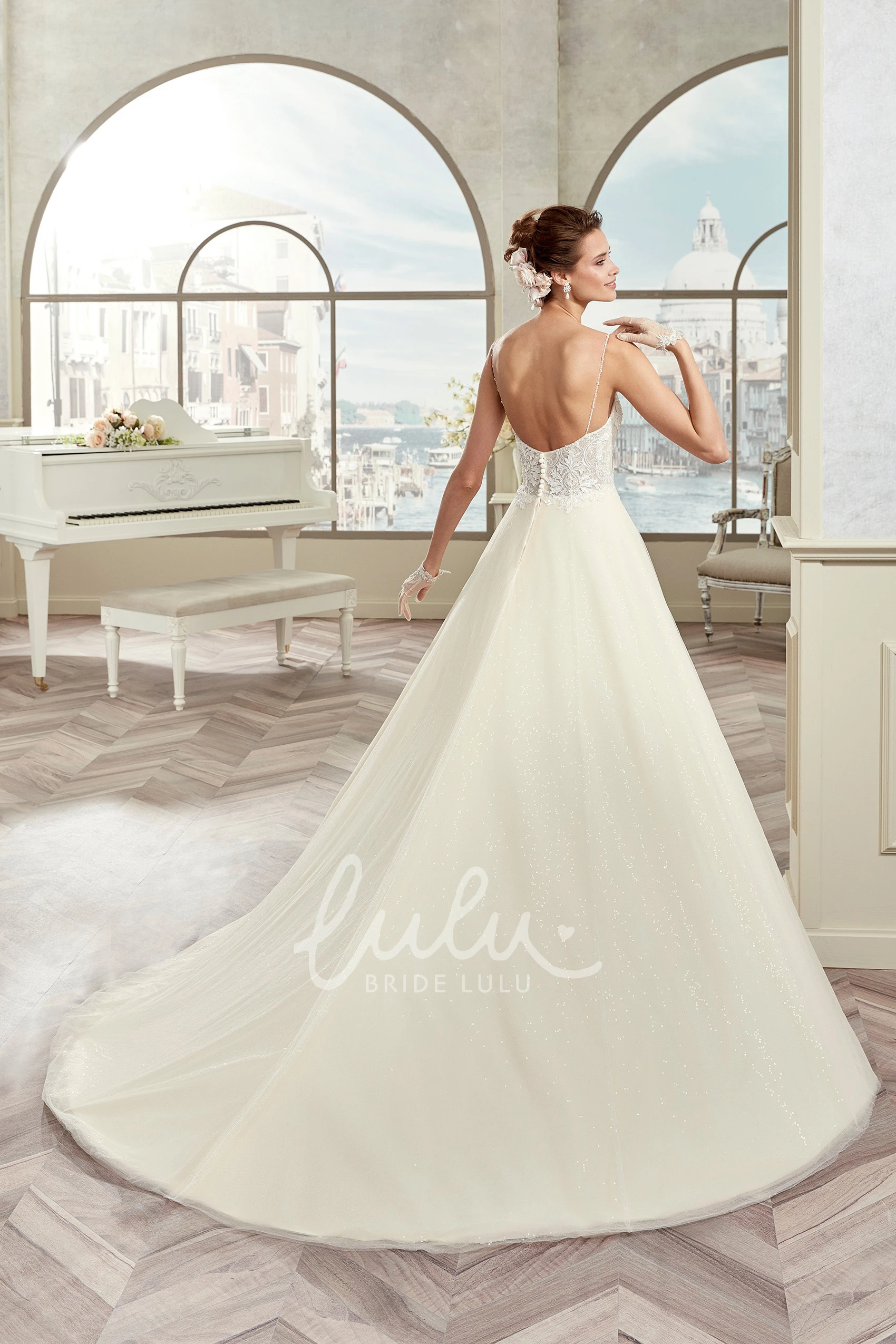 A-line Lace Bodice Spaghetti Strap Wedding Dress