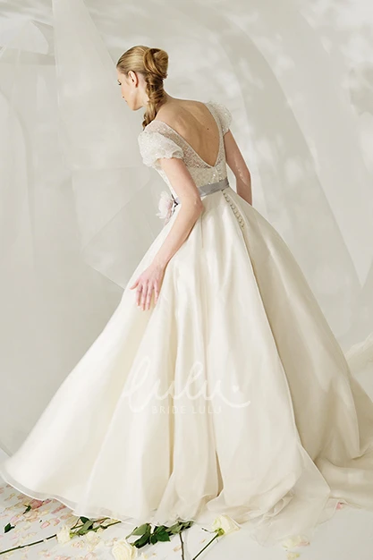 Long Tulle&Satin Spring Wedding Dress with Flower and V Back A-Line High Neck Puff-Sleeve