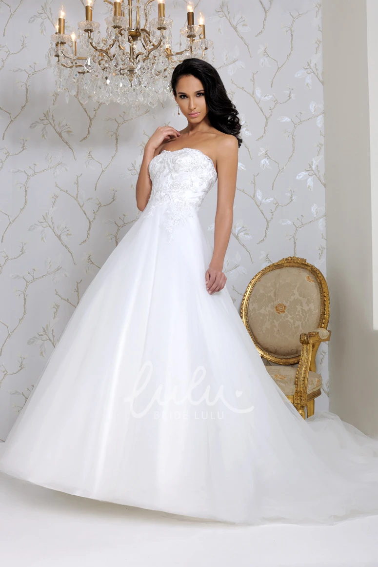 Tulle Wedding Dress with Chapel Train Strapless & Appliqued