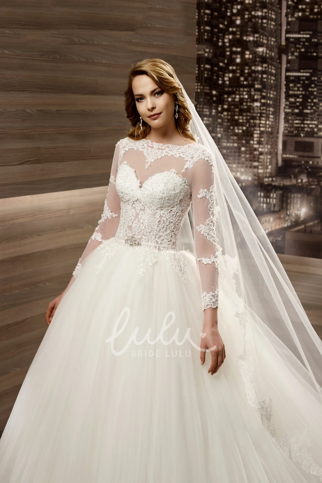 Long-Sleeve A-Line Wedding Dress with Lace Appliques Bodice and Brush Train