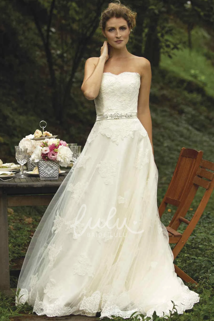 Appliqued Strapless A-Line Lace Wedding Dress with Jeweled Bodice
