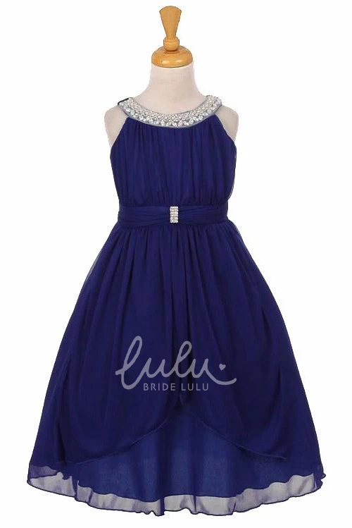 Peplum Tiered Chiffon Tulle Flower Girl Dress Tea-Length with Sash