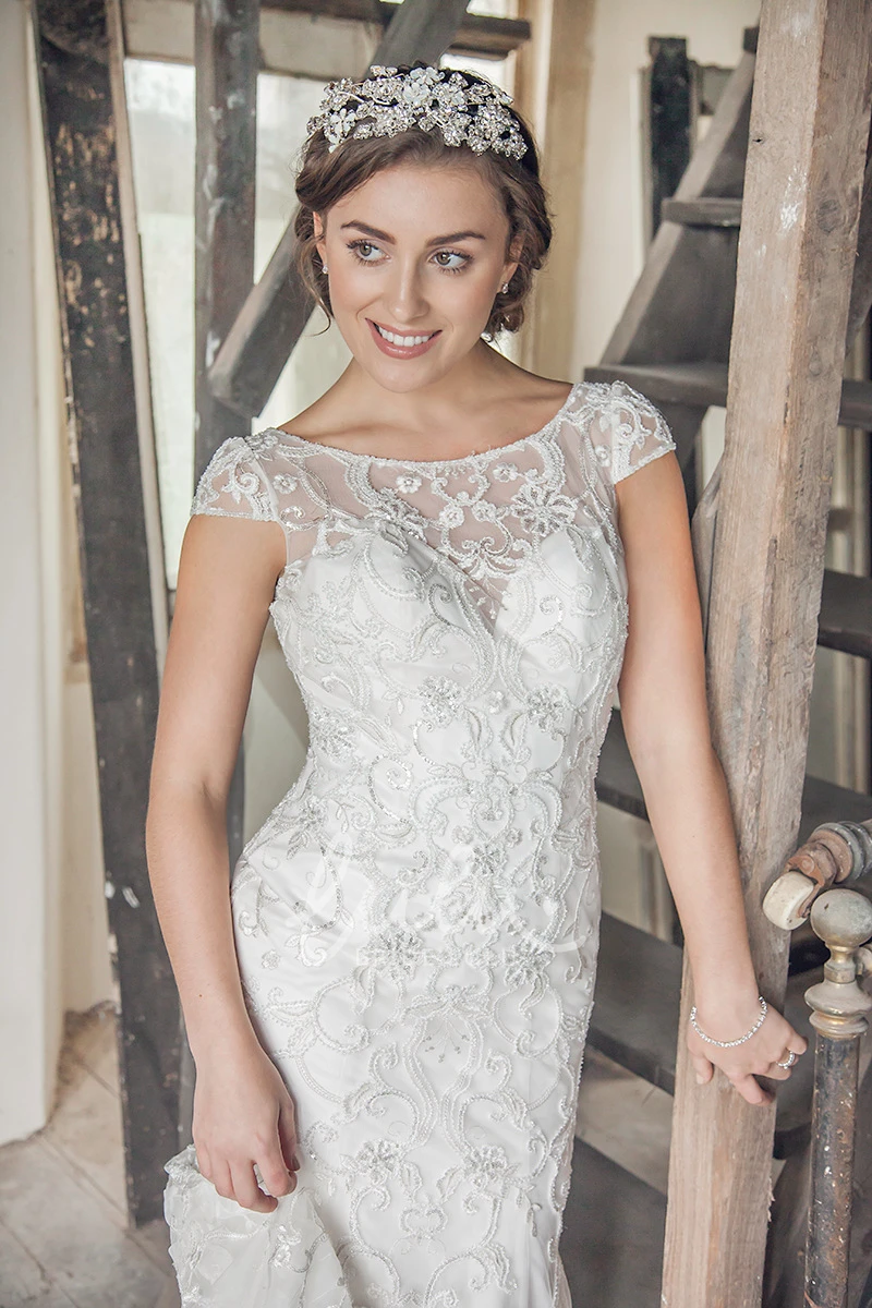 Beaded Tulle Wedding Dress with Embroidery and Illusion Long Bateau