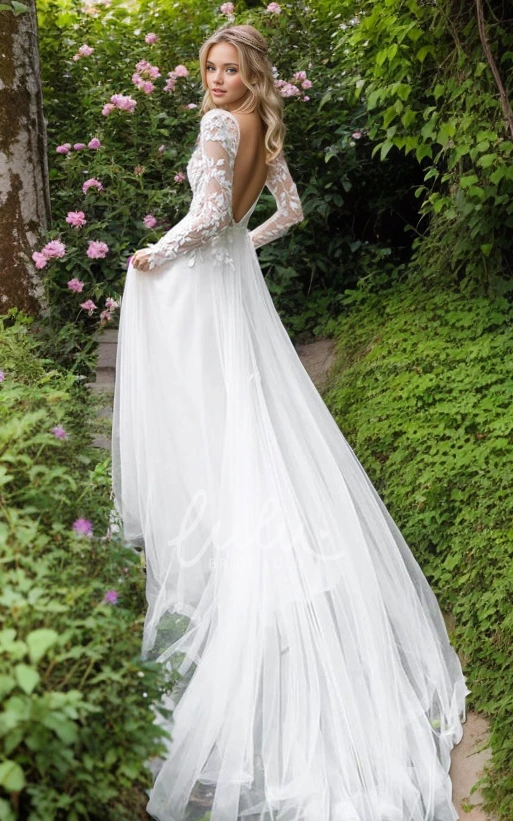 Vintage Elegant A-Line Plunging Neckline Long Sleeve Lace Appliques Tulle Wedding Dress Sexy Ethereal Garden Floor-length Deep-V Back Bridal Gown with Train