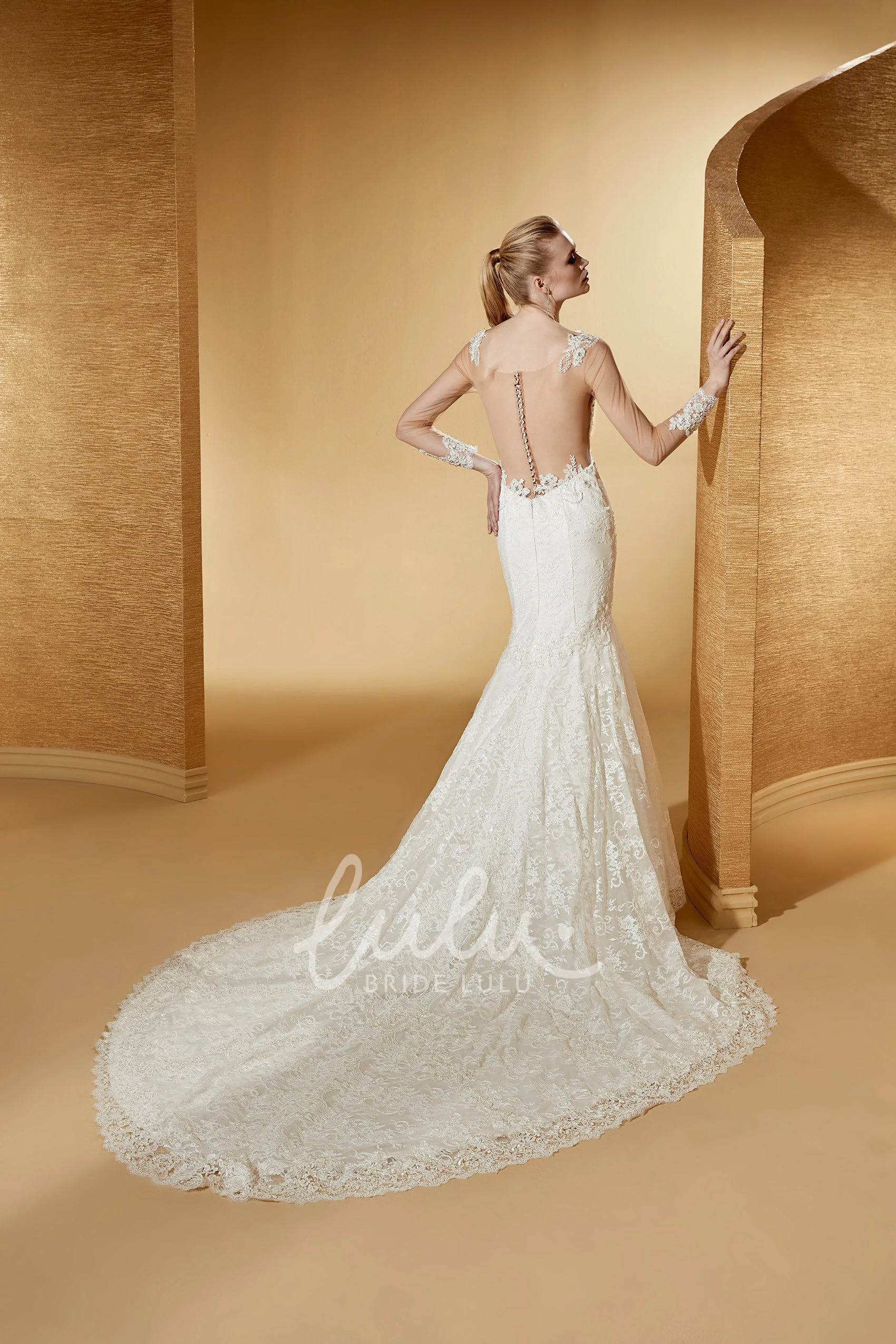 Long-Sleeve Mermaid Lace Wedding Dress with Court Train and Illusive Design