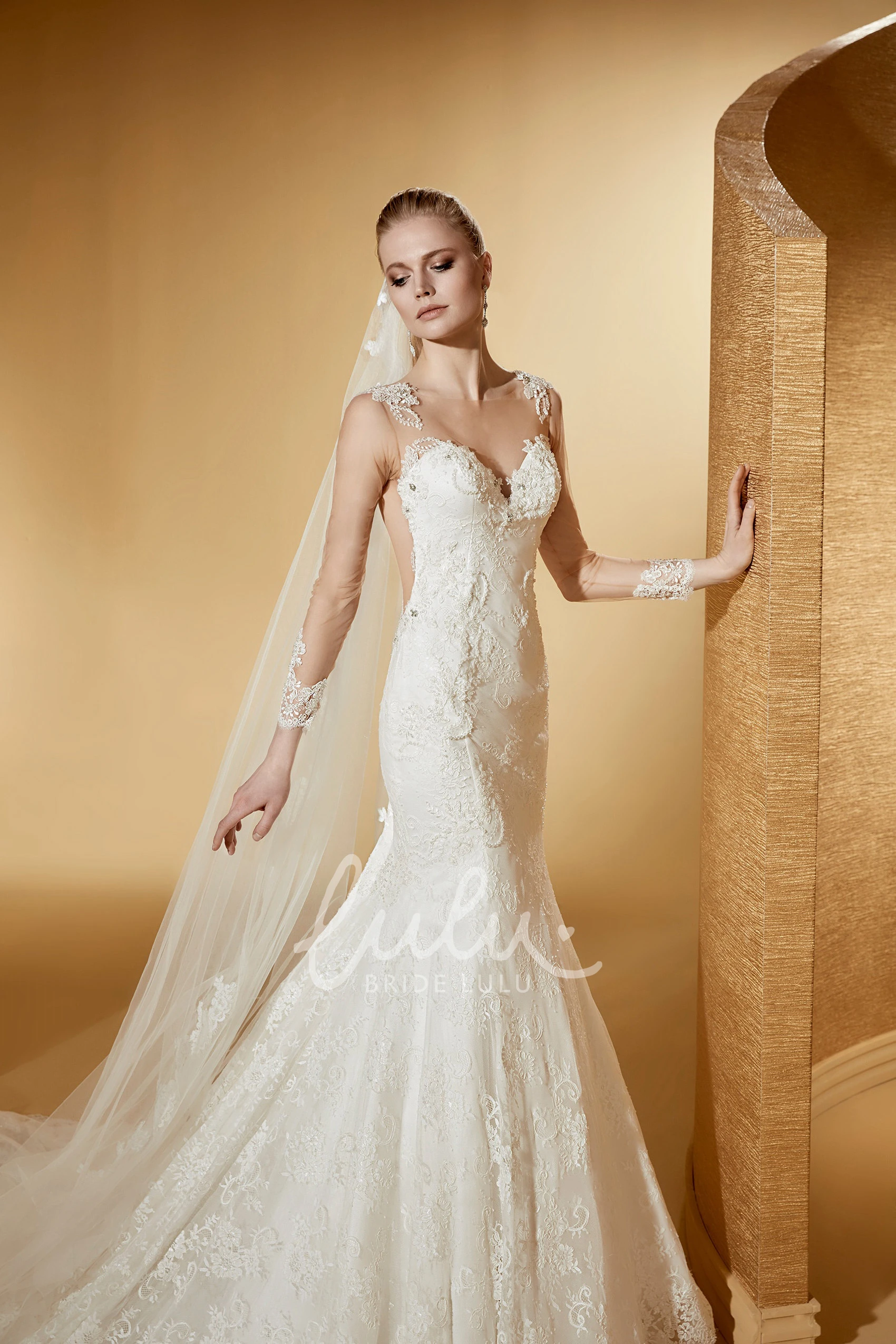 Long-Sleeve Mermaid Lace Wedding Dress with Court Train and Illusive Design